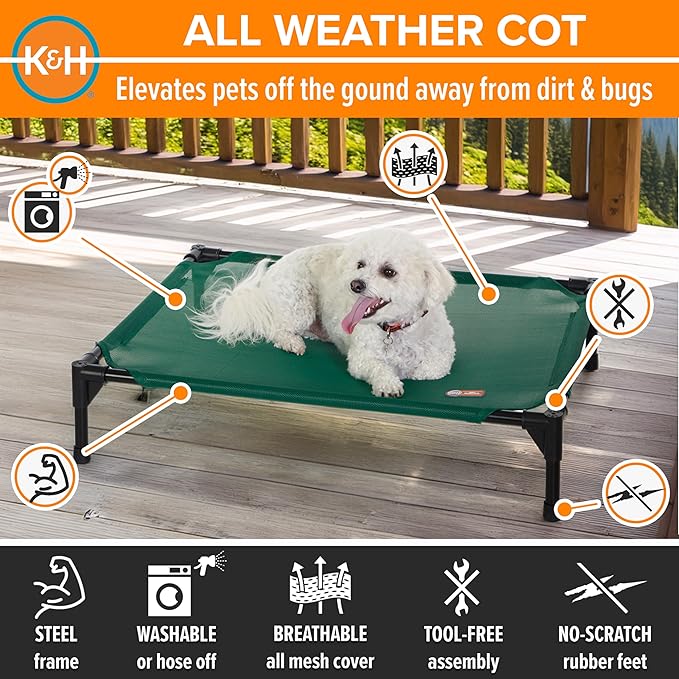 K&H Outdoor Elevated Dog Bed - Cooling Raised Dog Bed for Small & Medium Pets, Breathable Mesh Hammock Design, Indoor/Outdoor Washable Cover, Portable Metal Frame, Green, Medium 32x25in