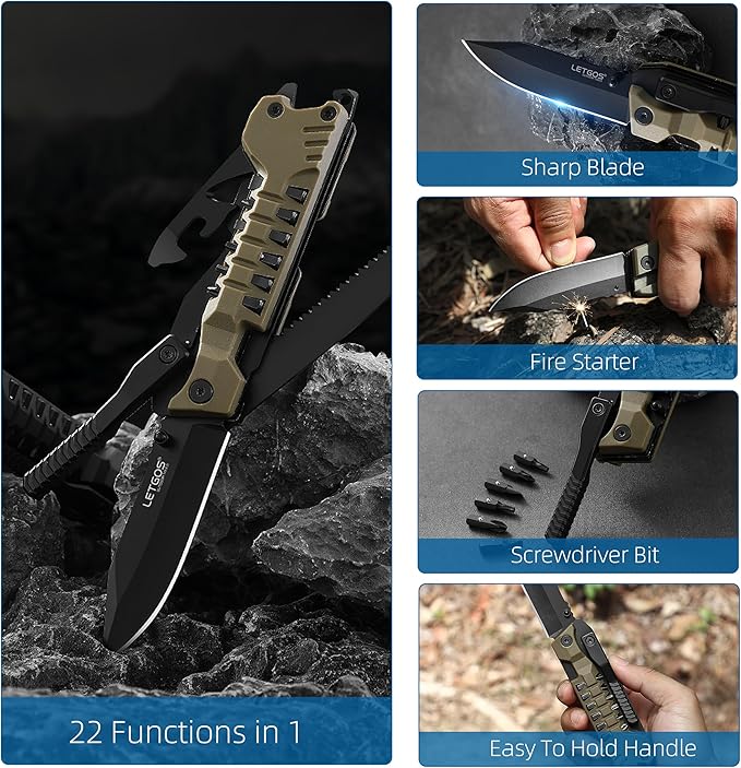 Multi Pocket Knife, 22 in 1,Survival Gear EDC Tools with Nylon Sheath, Emergency, Camping, Hiking, Hunting, Gift for Men Women (Desert Gray)