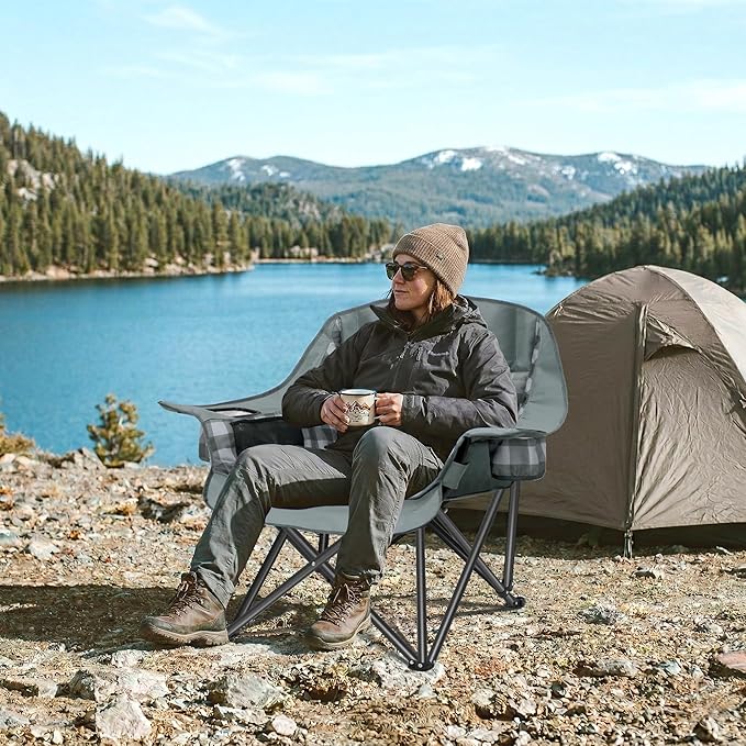 Youtanic Padded Camping Chairs for Adults, Heavy Duty 400 lbs Foldable Lawn Chair, Oversized Ergonomic Outdoor Seat with Classic Plaid Design, Cup Holders & Storage Pockets for Fishing, Sports, Gray