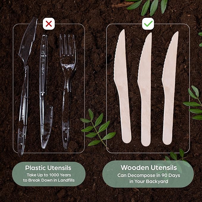 PURPLECLAY Wooden Knives Disposable – 300 Piece Wood Compostable Knives, Eco-Friendly Biodegradable Cutlery Set, Charcuterie Accessories Disposable, Wooden Knife for Parties, Plastic-Free Utensils