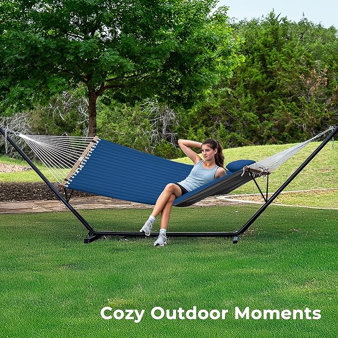 SUPERJARE Hammock with Stand, 2 Person Quilted Outdoor Hammock, Detachable Pillow & Bamboo Spreaders, Portable Hammock with Carrying Bag, Heavy Duty Stand, Perfect for Outside, Patio, Navy Blue