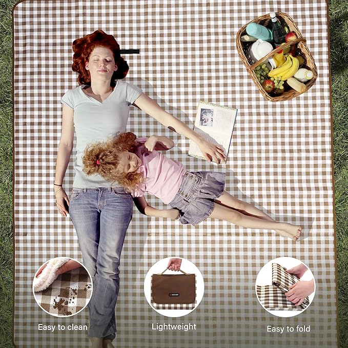 HX&OD Outdoor Picnic Blanket 80"X80" Picnic Mat Extra Large Camping Blanket Beach Blanket Foldable Waterproof Sand Mat Hiking Travel Family Concerts(Brown)