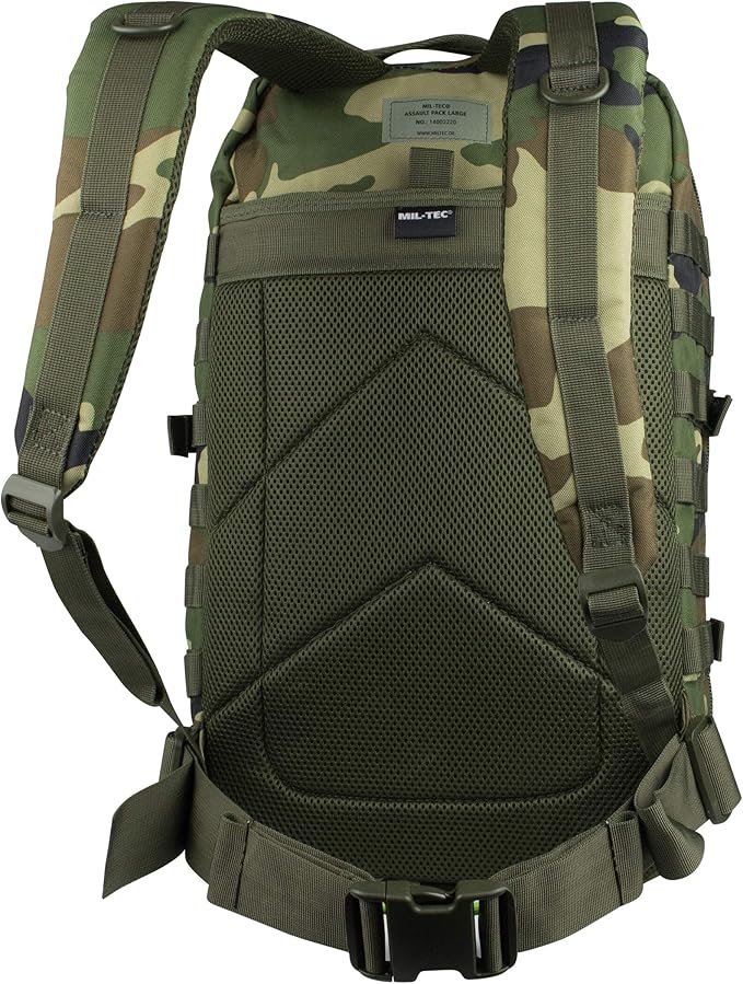 Mil-Tec Unisex Assault Pack - Rugged Durable Lightweight Ergonomic Versatile Tactical Outdoor Camping Hiking Backpack with Adjustable Padded Shoulder Straps & MOLLE Loops, Woodland Camo, 36L