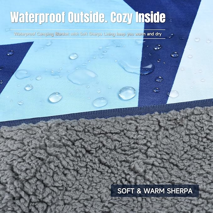 Tirrinia Waterproof Outdoor Blanket, Warm Windproof Stadium Blankets with Sherpa Lining, Foldable Camping Blanket, Emergency Blanket with Mountain Landscape Design for Car, Beach, Picnic, Hiking
