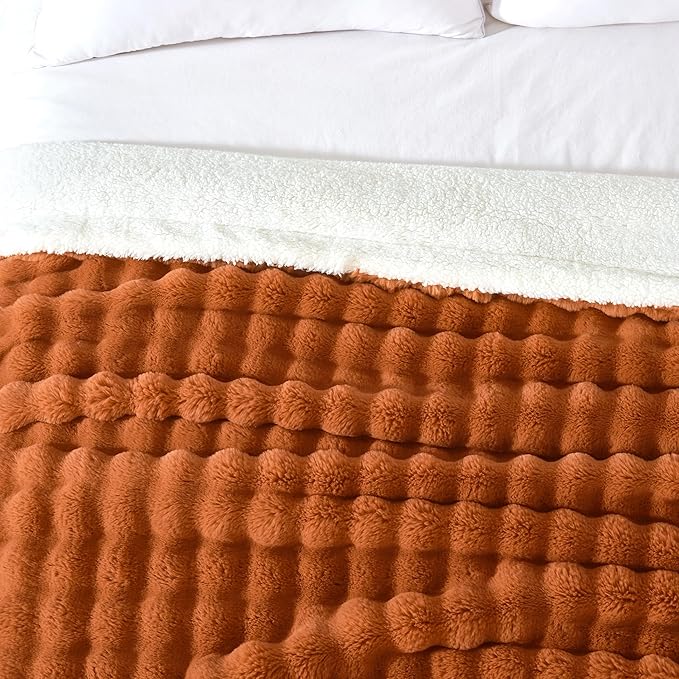 60x80 Inches Ultra-Soft Fuzzy Faux Fur Plush Twin Size Blanket - Thick, Warm Sherpa for Couch, Sofa, Bedroom, Camping - Decorative Blanket for Cozy Warmth, Bubble Rust