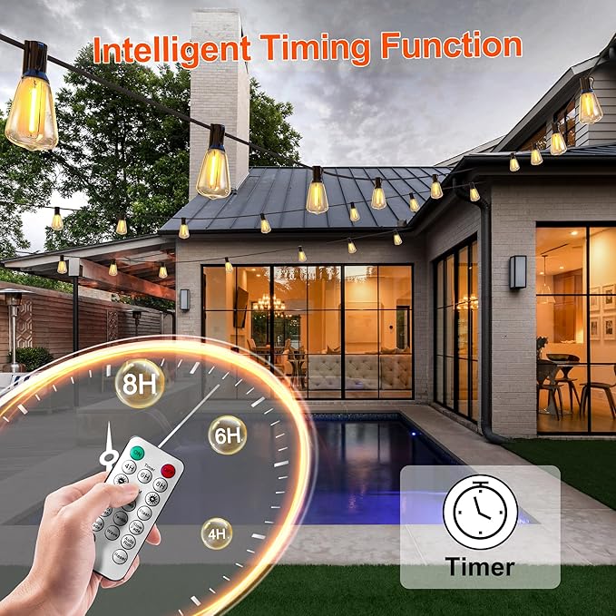 BLIATLUS 120FT Solar String Lights Outdoor Waterproof with Remote Control Solar Patio Lights 30+2 shatterproof LED ST38 Bulbs for Porch Garden Market Bistro Patio Backyard Fence