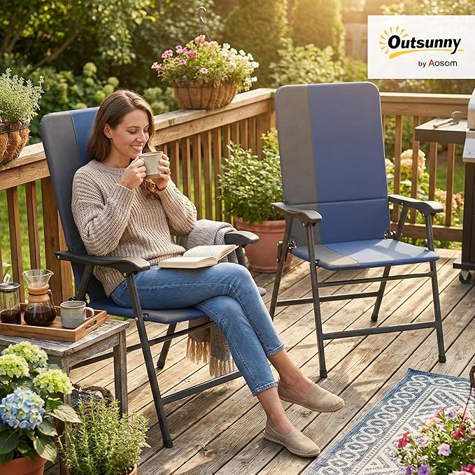 Outsunny Folding Patio Chairs Set of 2, Padded High Back Folding Lawn Chairs with Armrests, 600D Oxford Fabric, Portable Outdoor Camping Chair Set for Deck, Garden, Backyard, Dark Blue