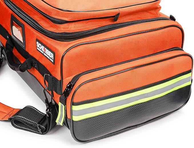 Scherber First Responder O2 Bag | Ultimate Professional EMT/EMS Trauma Oxygen Kit | Durable Reflective 600D Water Repellant Bag w/10+ Compartments, Zippered Pockets, Dividers & Padded Strap - Orange