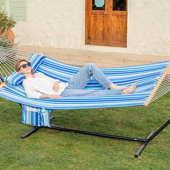 GAFETE 2 Person Hammock with Stand for Outside, 12ft Heavy Duty Steel Stand, Double Hammocks with Hardwood Spreader Bar, Large Removable Pillow, Side Pockets, Max 475 lbs Capacity (Ocean Blue)
