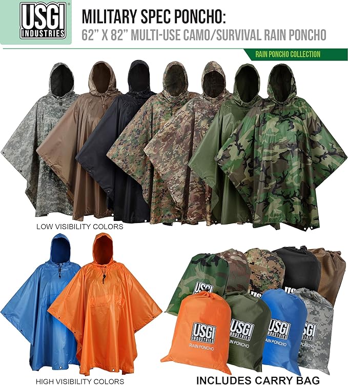 USGI Industries Military Style Poncho Multi Use Rip Stop Camouflage Rain Poncho