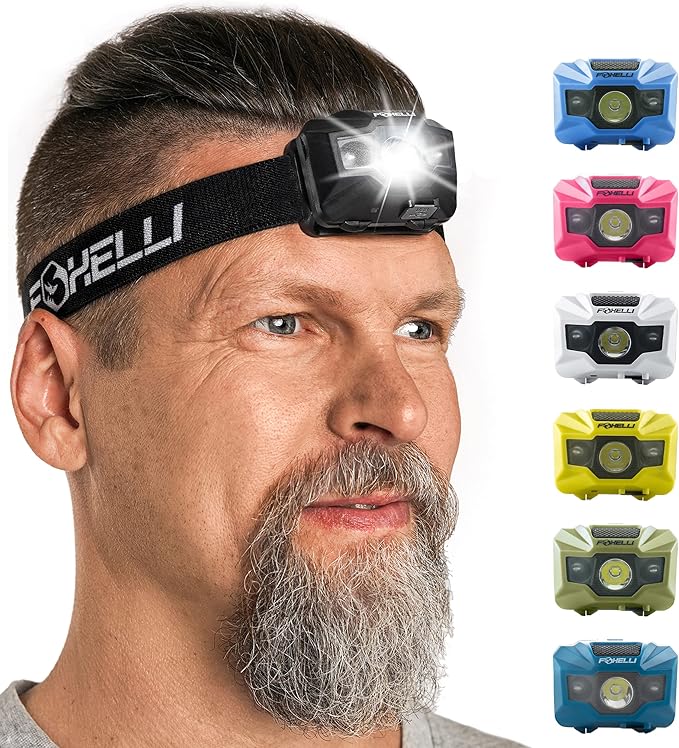Foxelli USB‑C Rechargeable LED Headlamp – Ultra‑Light 2.4 oz & Bright 180 Lumens – Red/White Light, 5 Modes, IPX5 Waterproof, 40 h Runtime for Trail Running, Camping, Hiking