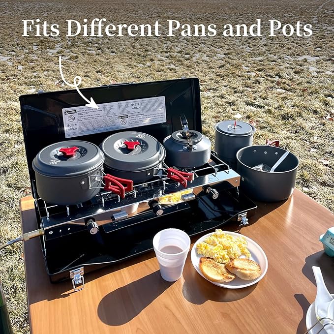 FineFlame Camping Stove, 3 Burners Propane Portable Camp Stove with Regulator, Push-Button Instant Ignition, Adjustable Burners & Wind Guards for Car BBQ Picnics Outdoor Cooking (Black-20400 BTUs)