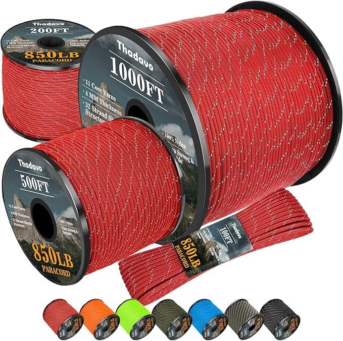 850Ib Reflective Paracord Rope, 50/100/200/500/1000ft 4MM 11 Strand Cords Lanyard Utility Parachute Cord for Tent Camping Hiking Fishing Survival Tactical Clothesline DIY Projects, Red 100FT