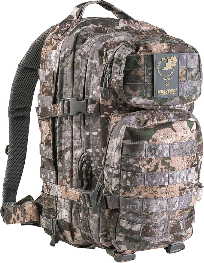 Mil-Tec Unisex Assault Pack - Rugged Durable Lightweight Ergonomic Versatile Tactical Outdoor Camping Hiking Backpack with Adjustable Padded Shoulder Straps & MOLLE Loops, Phantomleaf WASP I Z1B, 20L