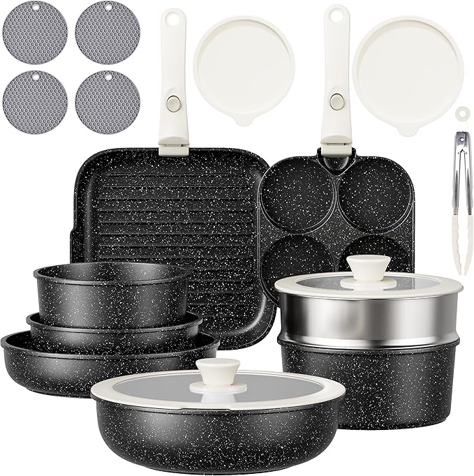 Pots and Pans Set - 19PCS Induction Cookware Set Detachable Handle Nonstick Kitchen Cookware Sets, Non-toxic Non-stick Cooking Set, Pot and Pan Set Removable Handle, Oven & Dishwasher Safe
