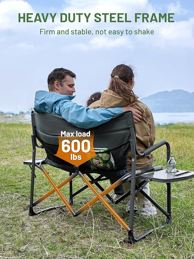Timber Ridge Double Camping Chair Portable Loveseat, Heavy Duty Folding Camp Couch 2 Person Director Chairs with Cup Holder for Outdoor Lawn Tailgates Picnic Sports Soccer Games Supports 600 lbs Grey