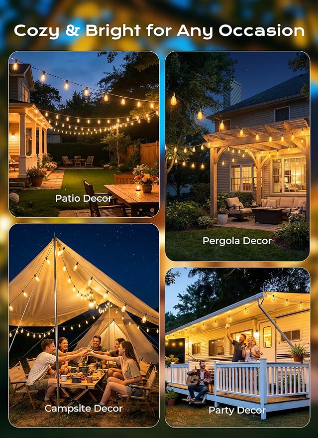 Brightown 37FT Solar String Lights Outdoor Waterproof, Patio Lights with Remote and 10+1 LED Shatterproof Bulbs, Dimmable & Timable, 3 Light Modes, Solar Lights Outdoor for Yard Camping Party Outside