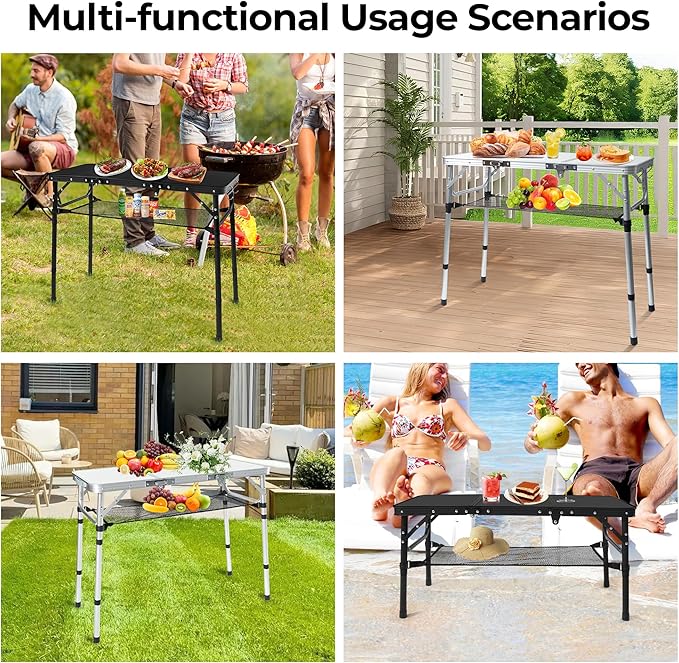 Folding Camping Table with Storage Net,3ft Portable Aluminum Folding Table with 3 Adjustable Height Max 27.3 Inch for Outdoor Backyard BBQ Picnic Cooking Tents Beach Indoor Bedroom（Black）
