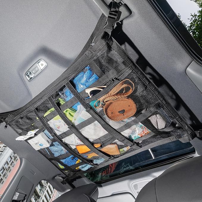 Car Ceiling Cargo Net with 3 Pockets,31.5"x21.6" Car Overhead Storage Mesh Organizer,Double Layer Roof Mesh Camping Overlanding Gear Must Haves Cargo Net,Road Trip Essentials
