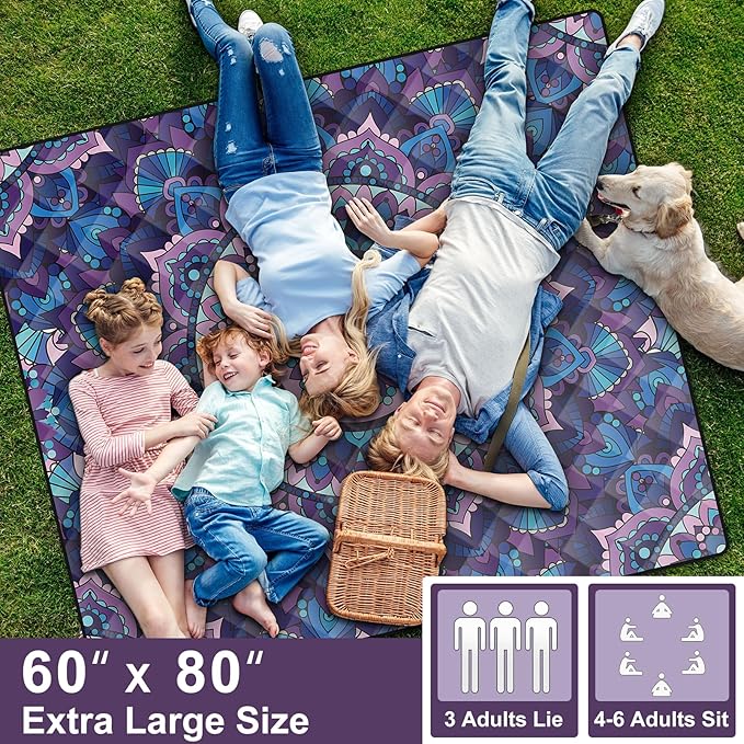 60x80" Extra Large Picnic Blankets Waterproof Sandproof Couple Outdoor Beach Blanket Foldable Grass Park Lawn Concert Mat Summer Camping Essentials Rv Travel Vacation Accessories Festival Gift