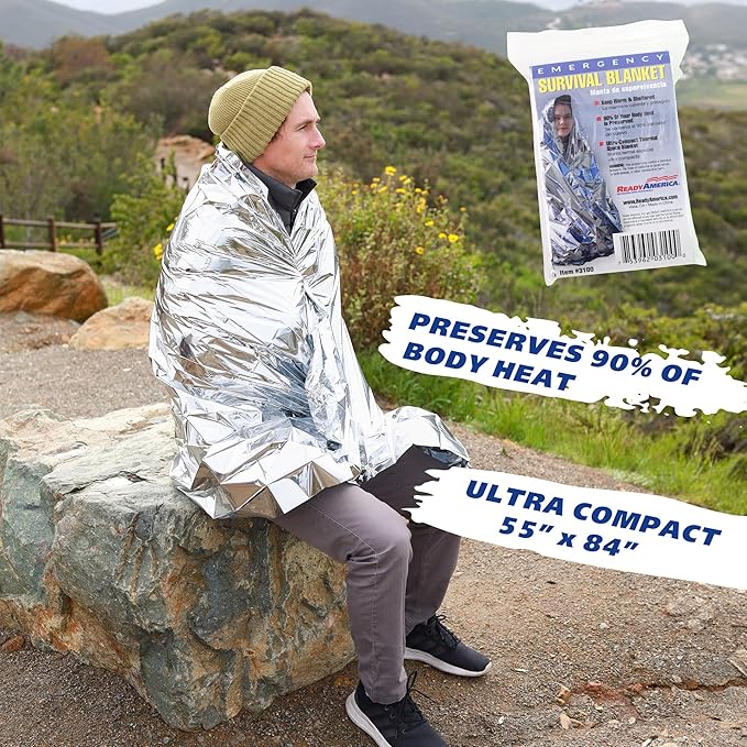 Ready America Emergency Blankets 25-Pack – Ultra-Thin Thermal Survival Blankets for Body Heat Retention, Emergency Preparedness, Camping, Disasters & Outdoor Safety
