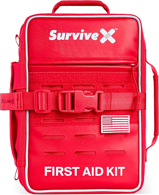 SurviveX Large Pro First Aid Kit for Car, Travel & Home - Emergency Kit for Hiking, Camping, Backpacking and Outdoors - Includes Zip Stitch Wound Closure Strips