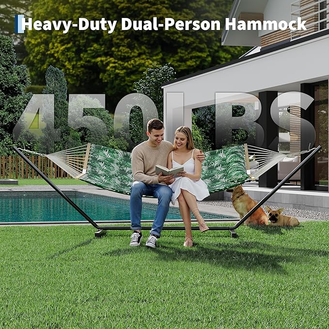 2 Person Double Hammock with Adjustable Steel Stand & Pillow, Heavy Duty Portable Outdoor Hammock Set, MAX 450 LBS Weight Capacity for Patio, Garden, Beach, Backyard