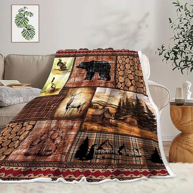 Torich Rustic Cabin Throw Blankets, Forest Bear Deer Wildlife Country Lodge Cozy Warm Bed Couch Blanket, Hunting Camping Animal White Fleece Flannel Throws to Decorate Room and Bedroom