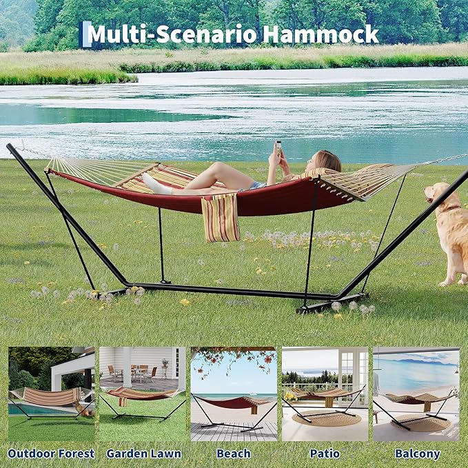 Garvee 2 Person Outdoor Hammock with Stand, Heavy Duty Portable Double Hammock with Balance Rope, MAX 450 LBS Capacity for Patio, Backyard, Garden, Beach
