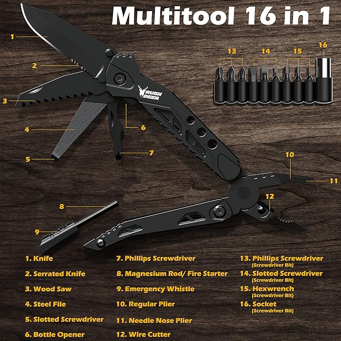 Rush Deer Pocket Knife - Folding EDC Multitool for Men, Small and Versatile Camping, Fishing, and Hiking Accessories Set (Black)
