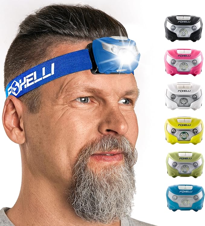Foxelli USB-C Rechargeable LED Headlamp – Super Bright, Lightweight Head Lamp for Running, Camping, Hiking & Work – Comfortable Fit for Adults & Kids