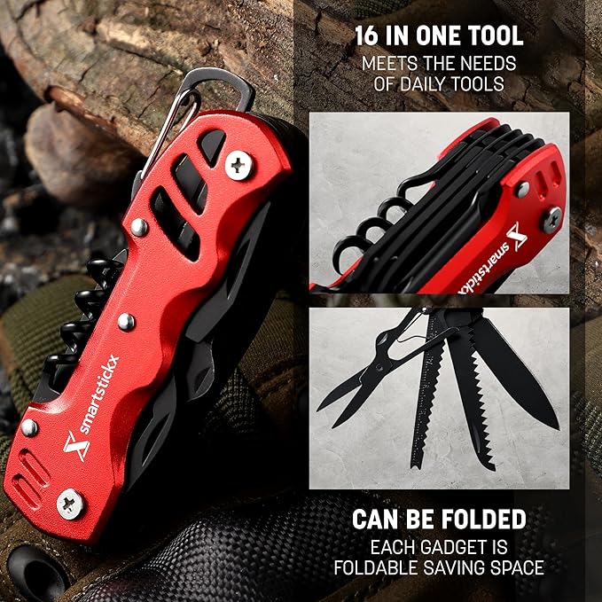 SmartstickX 16 in 1 Multi Tool Tactical Knife Camping essential Survival with Knife, Scissors, Saw, Wine Opener, Multiple Screwdrivers, Key Chain Easy Carry, Fish Scaler (Red)
