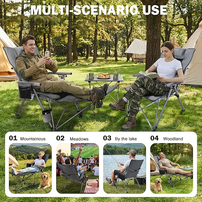 Folding Camping Chair for adults-3-in-1 Heavy Duty Foldable Camp Chair with Detachable Footstool, Padded Pillow, Cup Holder & Carry Bag,5-Speed Adjustable,400 LBS Capacity