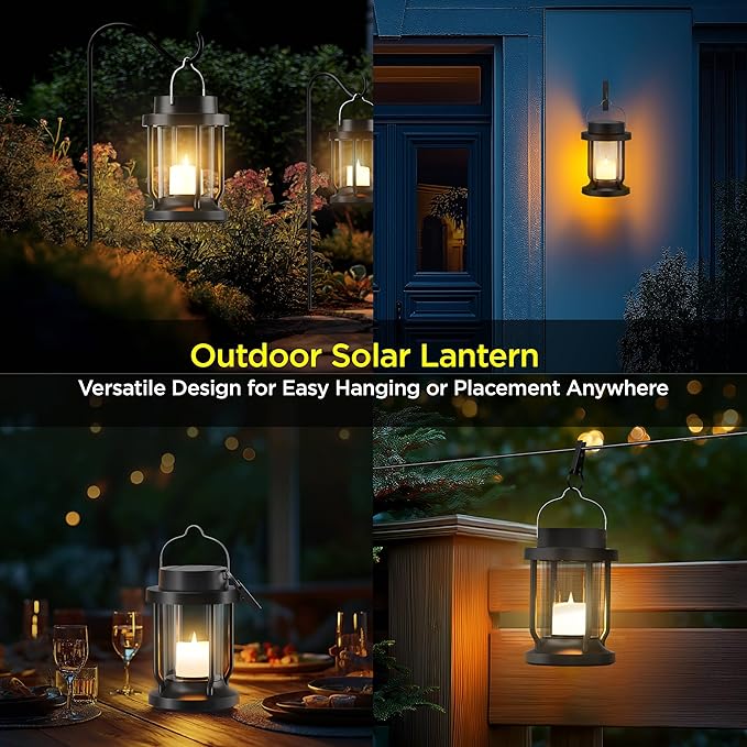 Solar Lantern Outdoor & Indoor Use – Hanging Solar Lights with Realistic Flickering Flameless Candle, Weatherproof for Gardens, Patios, Trees, and Lawns (Green, 2 Pack)