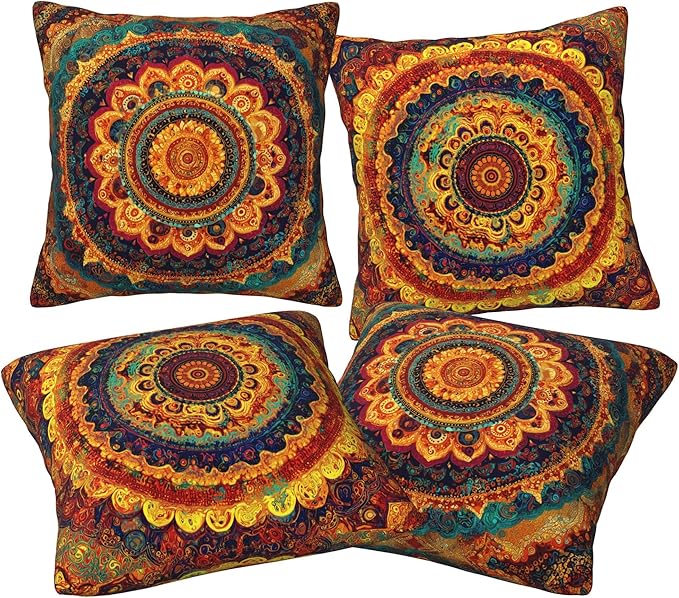 Bohemian MandalaThrow Pillow Covers 18 X 18 Inch Set of 4 Decorative Cushion Cover Home Decor for Sofa Chair Couch Bedroom Living Room