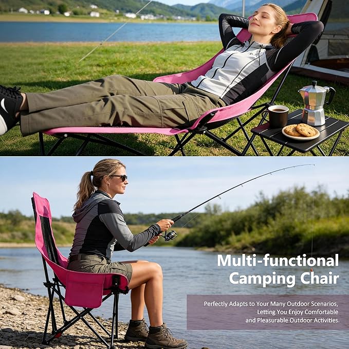 Hot Pink Reclining Camping Chair with Footrest, Portable Folding Lounge Chair, 4-Position Adjustable Folding Camping Chair With Headrest & Storage Bag for Outdoor Lawn, Hiking, Picnic, Fishing