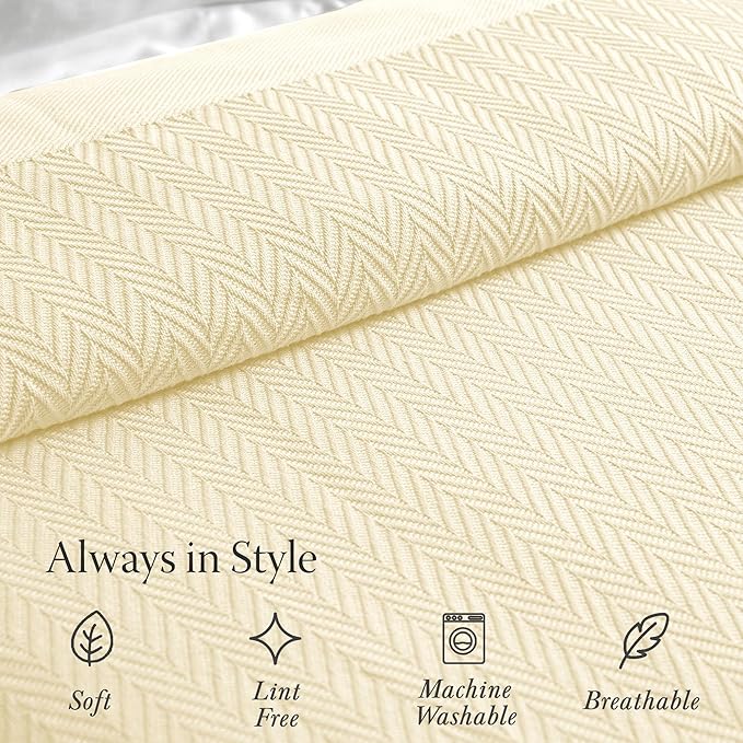Threadmill Luxury Cotton Blankets for Queen Size Bed | All-Season 100% Cotton Queen Size Blanket | Herringbone Cozy, Soft Breathable Fall Thermal Blanket fits Full Size Bed | Vanilla Cream