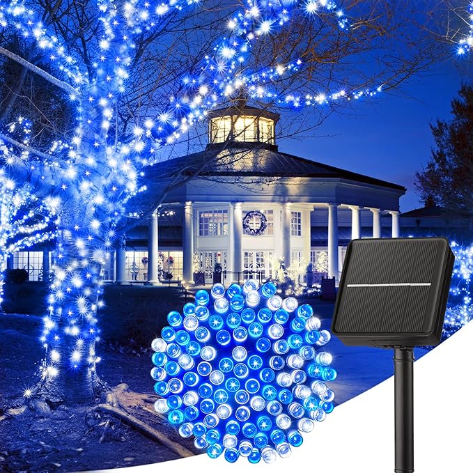 Minetom Solar Christmas Lights Outdoor Waterproof - 40FT 100 LED With 8 Modes - Decoration for Outside House, Tree, Party, Yard - Blue & Pure White
