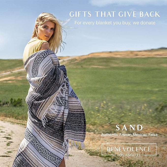 Benevolence LA Authentic Handwoven Mexican Blanket | Yoga Blankets, Outdoor, Picnic, Beach, Camping | Equestrian Saddle | Serape 50x70 inches - Sand, Pack of 1