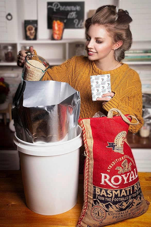 PackFreshUSA: 5-Gallon (20" x 30") AirTight Mylar Bags - 2000cc High-Capacity Oxygen Absorbers Long-Term Food Storage – Heavy Duty 5.5 Mil Thick (Per Side) - Heat Sealable - Food Grade - Pack of 5