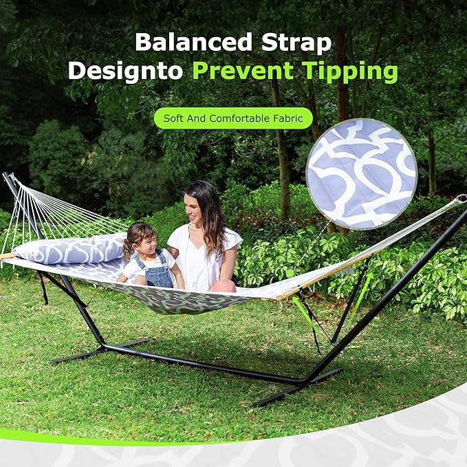 ANAGOO Double Hammock with Stand, Heavy Duty Outdoor Hammock for Two, 500 LBS Capacity, Stable Steel Frame with Balance Strap, Easy Tool-Free Assembly for Patio, Garden, Backyard & Beach,Round Gray