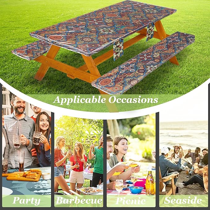 Fitted Picnic Table Cover with Bench Covers Waterproof Elastic Edges Rectangle Patio Tablecloth Outdoor Camping Essentials Stuff Rv Accessories Summer Travel Trip Camper Gifts for Woman Men, 96in 8 ft