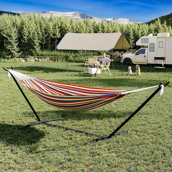 TrailBlaze Double Person Heavy Duty Hammock with Space-Saving Steel Stand, 450lb Capacity, Portable Carrying Case, Premium Balance Beams, Indoor/Outdoor Use - Yellow Rainbow Stripes