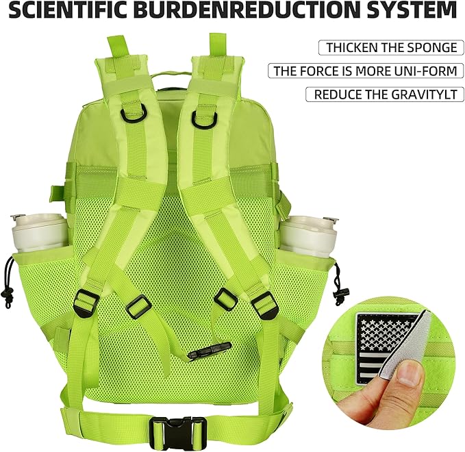 Lovelinks21 45L Tactical Assault Backpack 3 day assault pack with Molle Waterproof backpack Rucksack for Tactical Backpacks (Fluorescent Green)