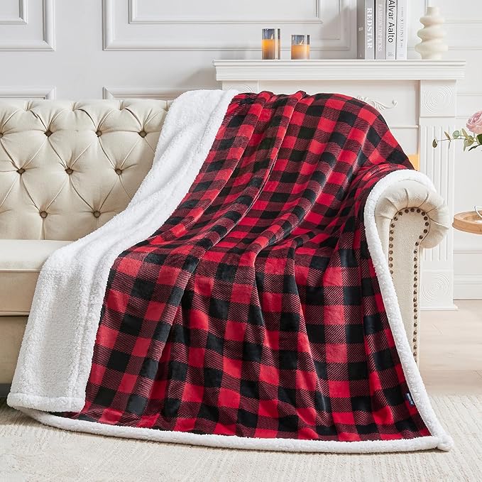 BEDELITE Sherpa Fleece Blankets King Size - Black and Red Buffalo Plaid Christmas Blanket, Super Soft Cozy Warm Thick Winter Blanket for Couch and Bed, 108" x 90"