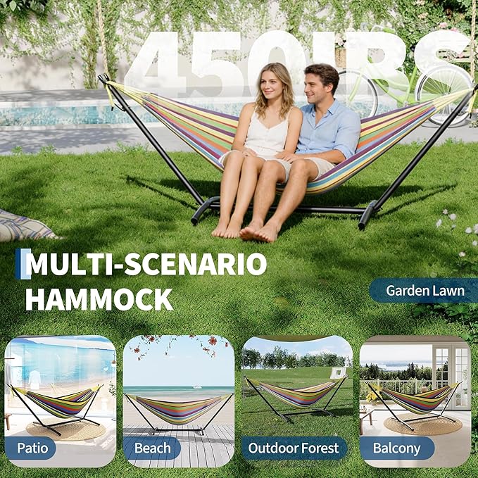 Garvee 2 Person Hammocks with Stand for Outside, Double Hammocks Portable Space Saving Heavy-Duty Steel Stand for Indoor Outdoor Patio with Carrying Bag, 450 lbs Capacity