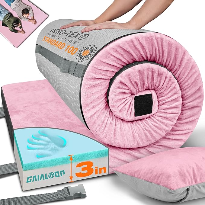 GAIALOOP 3 Inch Memory Foam Camping Mattress, Dual Layer Thick Sleeping Camp Pad for Car Tent Cot, Roll-Up Portable Glamping Floor Bed for Guests Sleepover