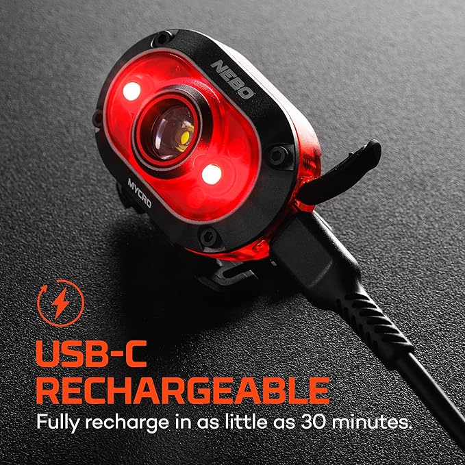 NEBO MYCRO 450 Rechargeable Headlamp | 450 Lumens, 6 Light Modes, Water Resistant, Detachable Hat Clip, Super Bright Head Lamp for Camping & Hiking, Includes USB Charging Cable — Red