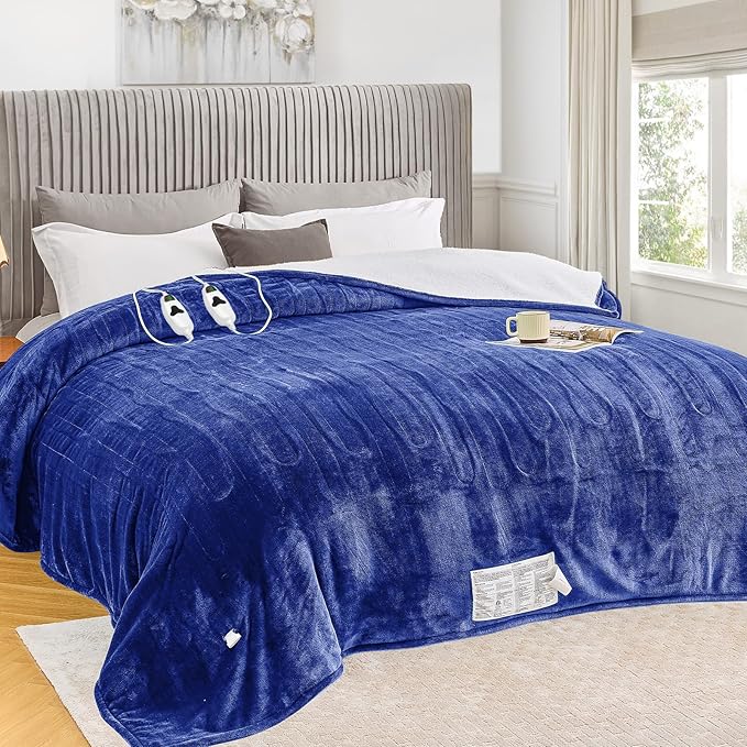 greenoak Heated Blanket Electric King Size 100"X90" Dual Control, Heating Blanket with 10 Heat Levels 1/2/4/6/8 Hours Auto-Off, Sherpa Soft Warm Christmas Blanket, Sea Blue