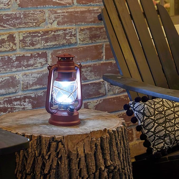 Alpine Corporation 10" H Indoor/Outdoor Metal and Glass Hurricane Lantern with Dimmable LED Lights, Red